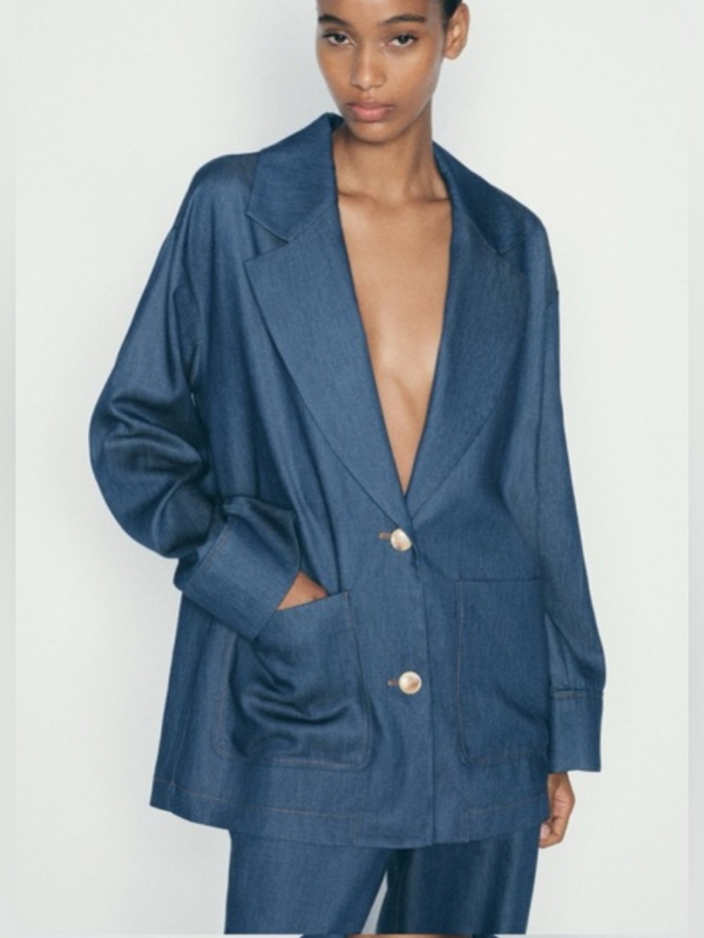 NEW Zara Blue Denim Effect Oversized Relaxed Blazer Jacket Linen Blend